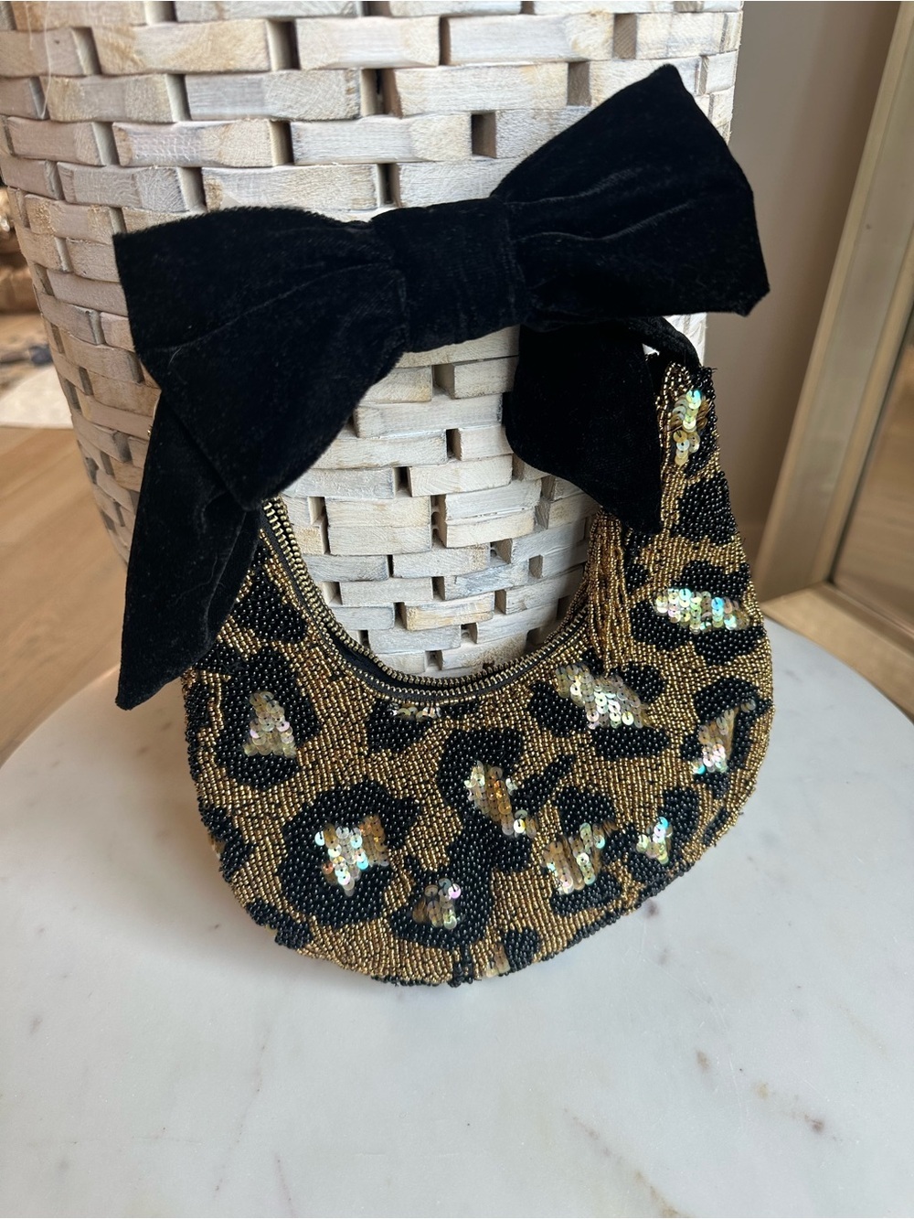 Leopard Sequin Beaded Crescent Bag with Black Velvet Bow